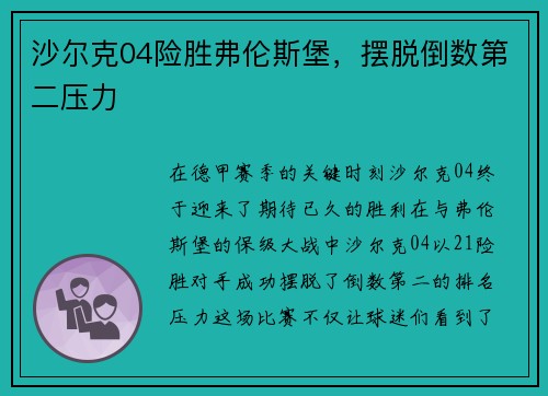沙尔克04险胜弗伦斯堡，摆脱倒数第二压力