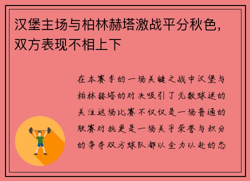 汉堡主场与柏林赫塔激战平分秋色，双方表现不相上下