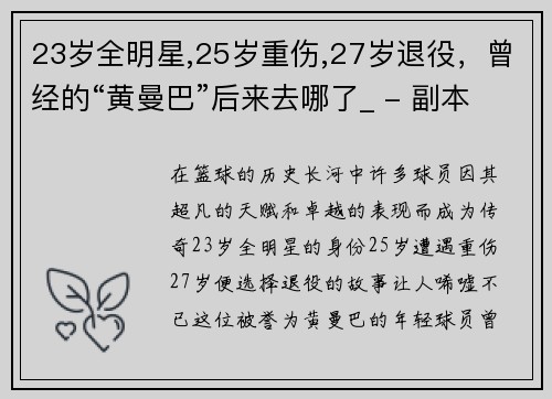 23岁全明星,25岁重伤,27岁退役，曾经的“黄曼巴”后来去哪了_ - 副本