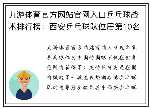 九游体育官方网站官网入口乒乓球战术排行榜：西安乒乓球队位居第10名