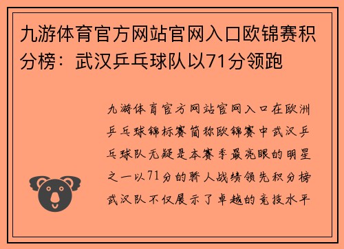 九游体育官方网站官网入口欧锦赛积分榜：武汉乒乓球队以71分领跑