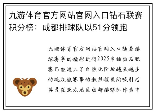 九游体育官方网站官网入口钻石联赛积分榜：成都排球队以51分领跑